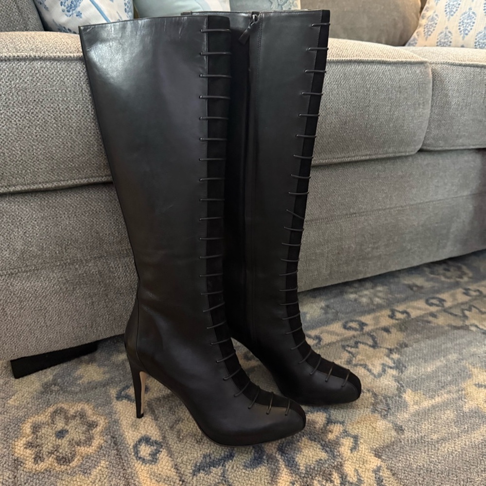 Cole Haan Nike Air Leather Zippered High Heel Boots Sz 11 faux lace up new